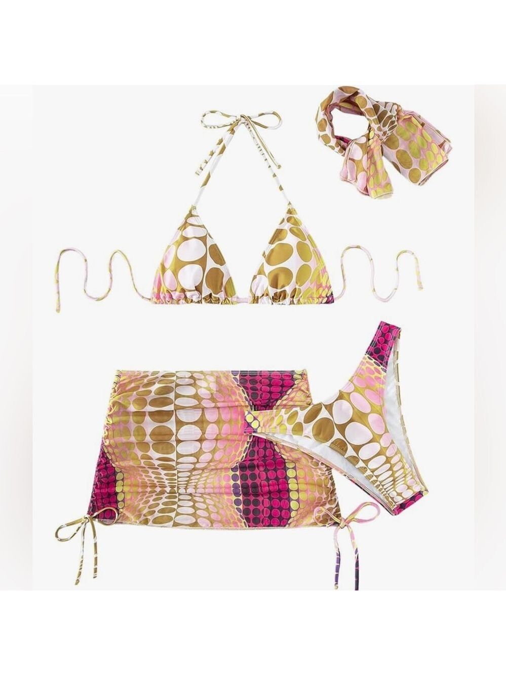 4 Piece Polka Dot Halter High Cut Bikini Set with Mesh Skirt & Head Scarf